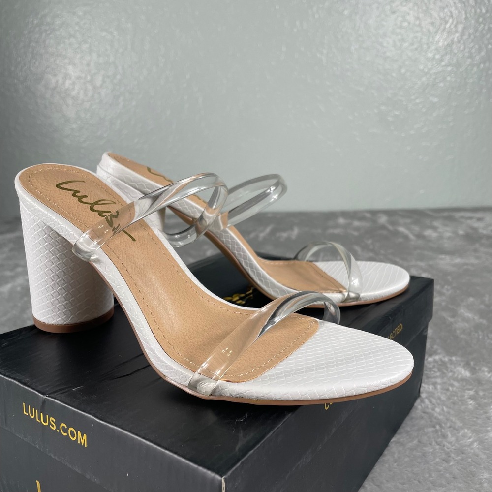 Lulus White Snakeskin Embossed Block Heel Sandals Clear Strap Mules Size 6.5